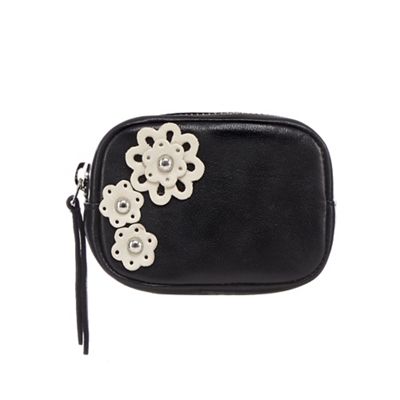 Black leather floral applique coin purse